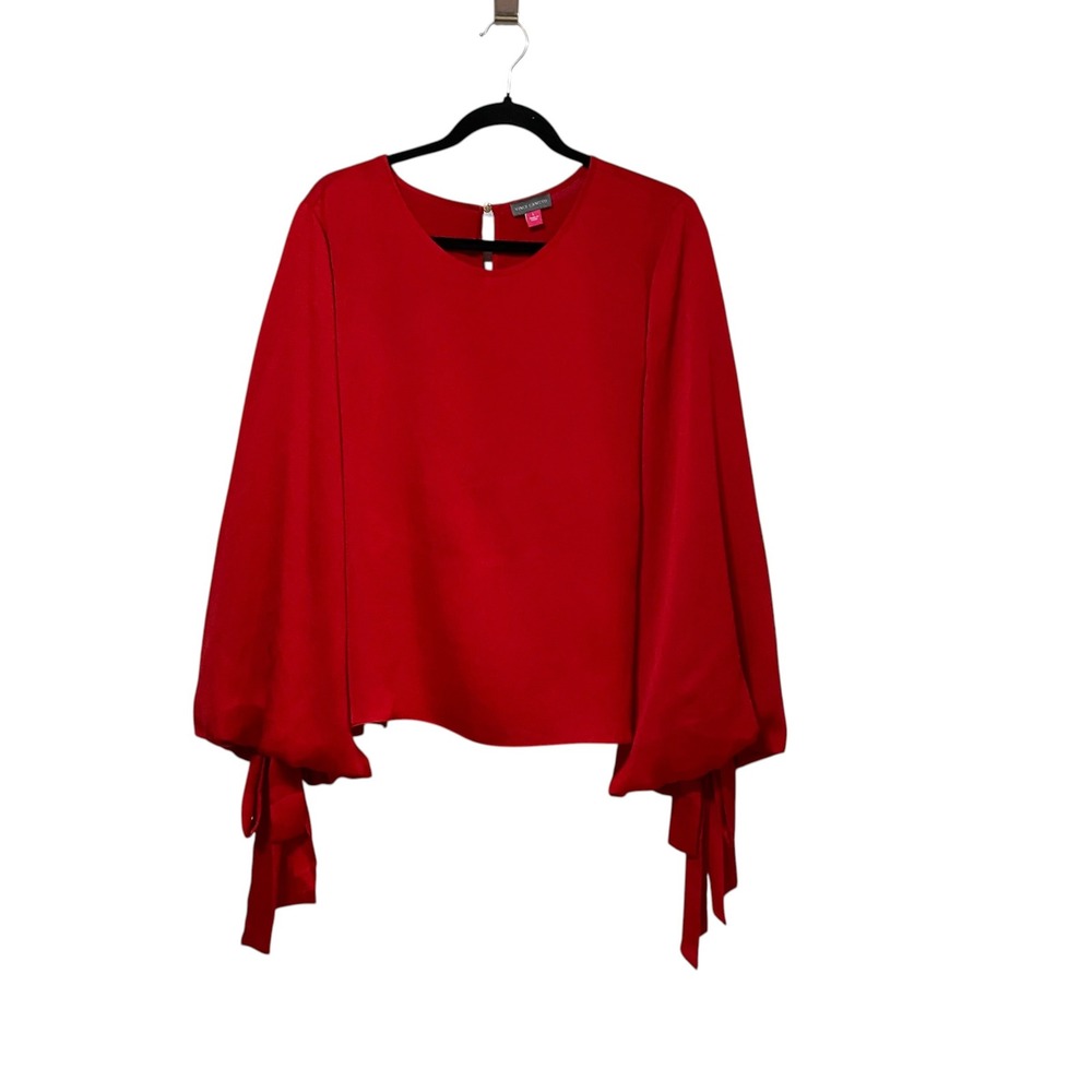 Vince Camuto Red Puff Sleeve Tie Cuff Blouse Top Large Gold Button Keyhole Back
